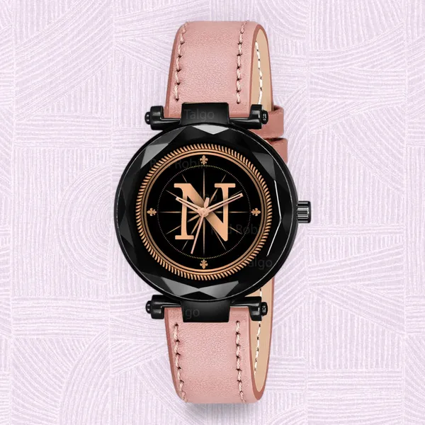 Sky_Mart_Alphabet_N_Trendy_Analog_Wrist_Watch_For_Women_And_Girls_New_Arrival_With_Classic_Black_Dial_And_Peach_Leather_Strap
