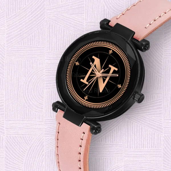 Sky_Mart_Alphabet_N_Trendy_Analog_Wrist_Watch_For_Women_And_Girls_New_Arrival_With_Classic_Black_Dial_And_Peach_Leather_Strap