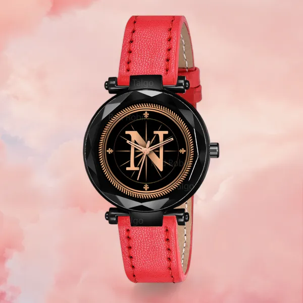 Sky_Mart_Alphabet_N_Trendy_Analog_Wrist_Watch_For_Women_And_Girls_New_Arrival_With_Classic_Black_Dial_And_Red_Leather_Strap