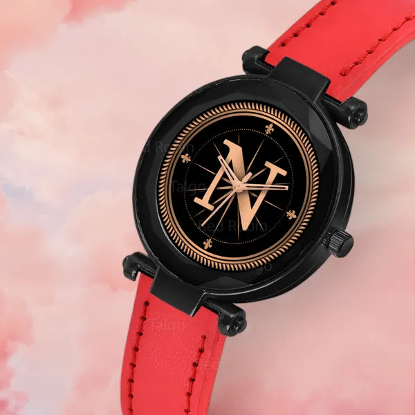 Sky_Mart_Alphabet_N_Trendy_Analog_Wrist_Watch_For_Women_And_Girls_New_Arrival_With_Classic_Black_Dial_And_Red_Leather_Strap