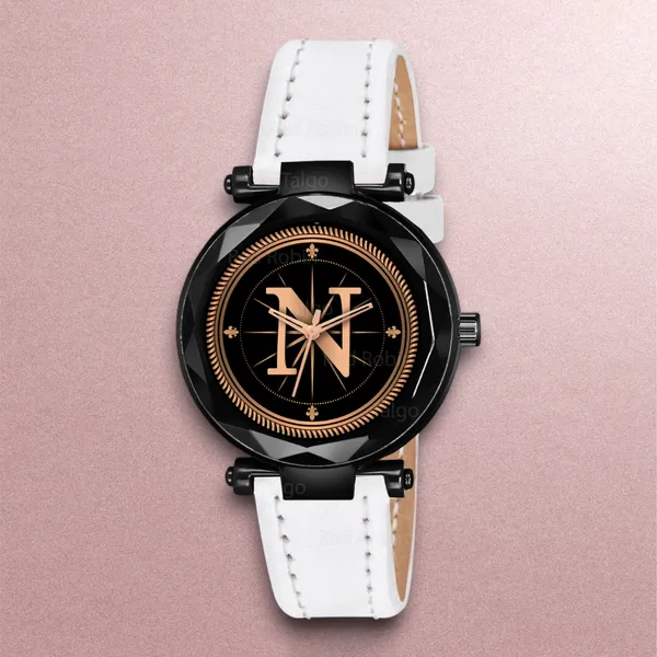 Sky_Mart_Alphabet_N_Trendy_Analog_Wrist_Watch_For_Women_And_Girls_New_Arrival_With_Classic_Black_Dial_And_White_Leather_Strap