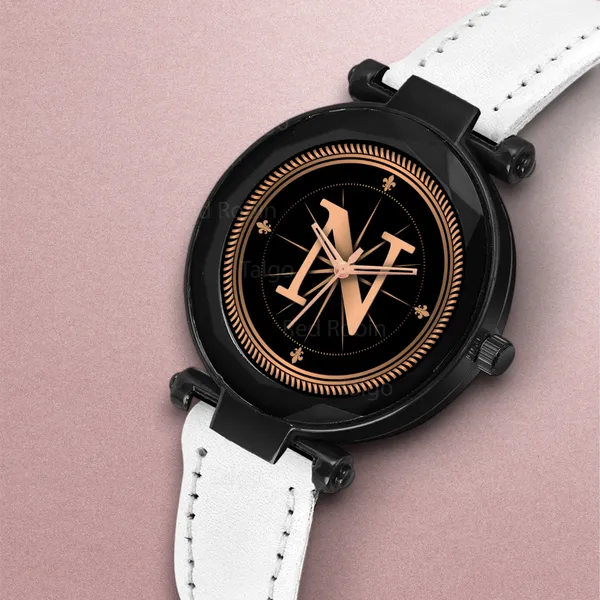 Sky_Mart_Alphabet_N_Trendy_Analog_Wrist_Watch_For_Women_And_Girls_New_Arrival_With_Classic_Black_Dial_And_White_Leather_Strap