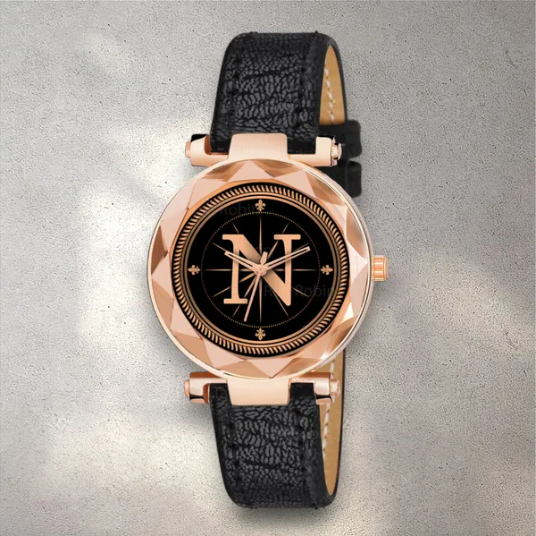 Sky_Mart_Alphabet_N_Trendy_Analog_Wrist_Watch_For_Women_And_Girls_New_Arrival_With_Classic_Black_Dial_And_Black_Leather_Strap