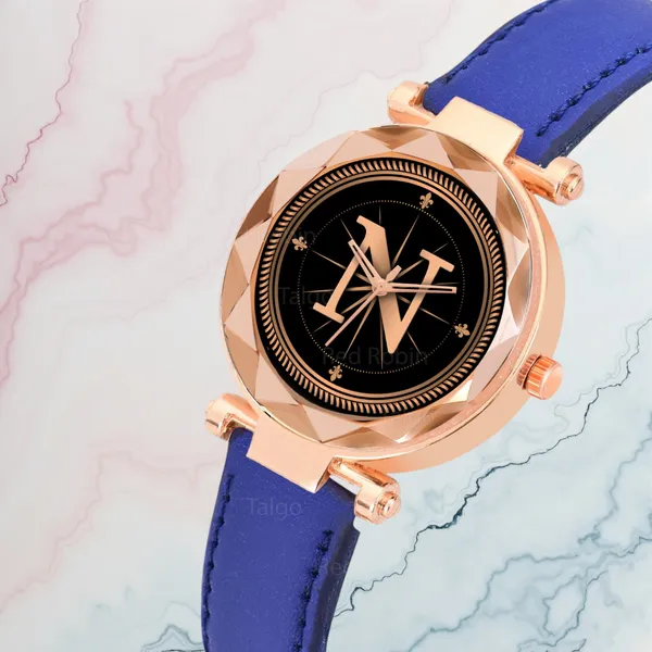 Sky_Mart_Alphabet_N_Trendy_Analog_Wrist_Watch_For_Women_And_Girls_New_Arrival_With_Classic_Black_Dial_And_Blue_Leather_Strap