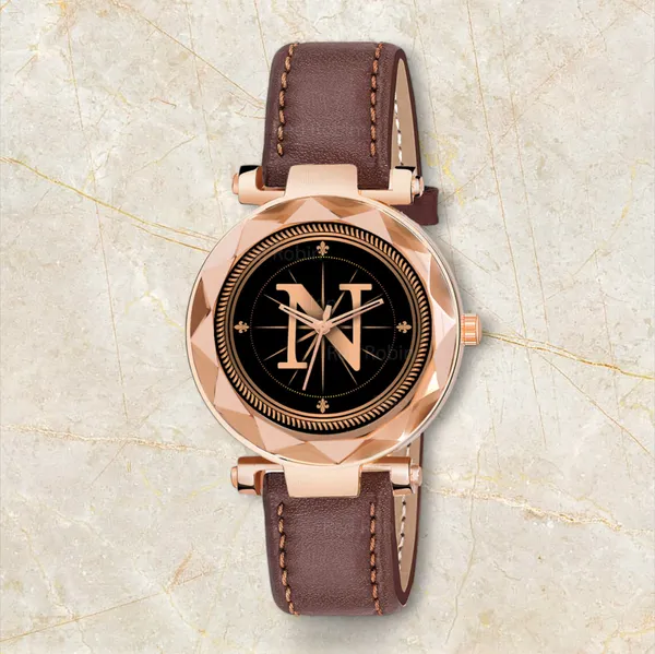 Sky_Mart_Alphabet_N_Trendy_Analog_Wrist_Watch_For_Women_And_Girls_New_Arrival_With_Classic_Black_Dial_And_Brown_Leather_Strap