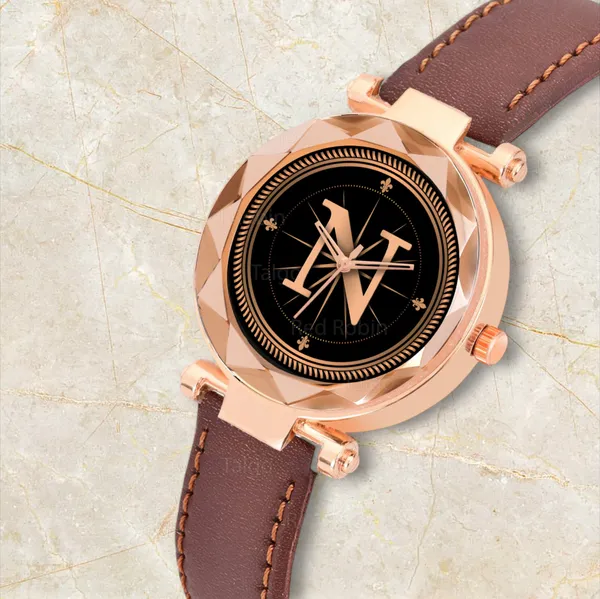 Sky_Mart_Alphabet_N_Trendy_Analog_Wrist_Watch_For_Women_And_Girls_New_Arrival_With_Classic_Black_Dial_And_Brown_Leather_Strap