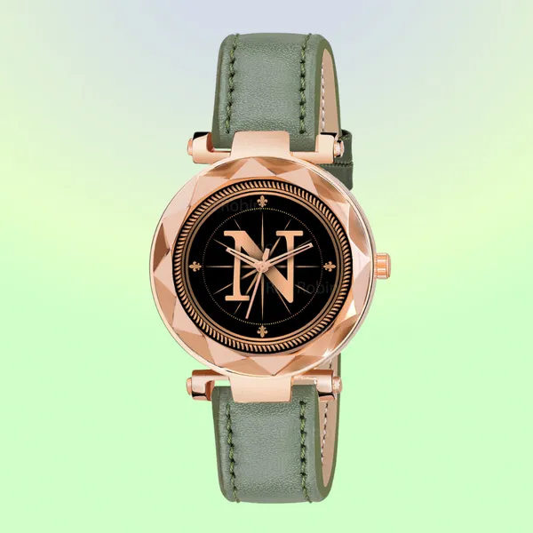 Sky_Mart_Alphabet_N_Trendy_Analog_Wrist_Watch_For_Women_And_Girls_New_Arrival_With_Classic_Black_Dial_And_Green_Leather_Strap