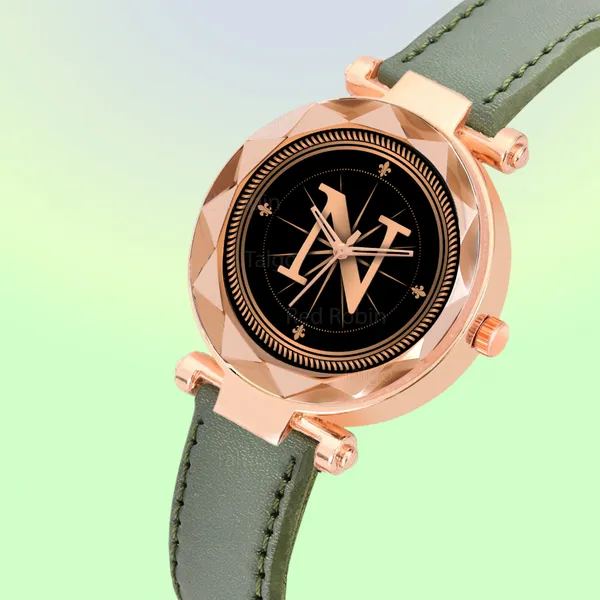 Sky_Mart_Alphabet_N_Trendy_Analog_Wrist_Watch_For_Women_And_Girls_New_Arrival_With_Classic_Black_Dial_And_Green_Leather_Strap