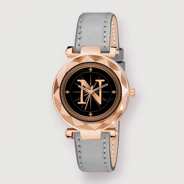Sky_Mart_Alphabet_N_Trendy_Analog_Wrist_Watch_For_Women_And_Girls_New_Arrival_With_Classic_Black_Dial_And_Grey_Leather_Strap