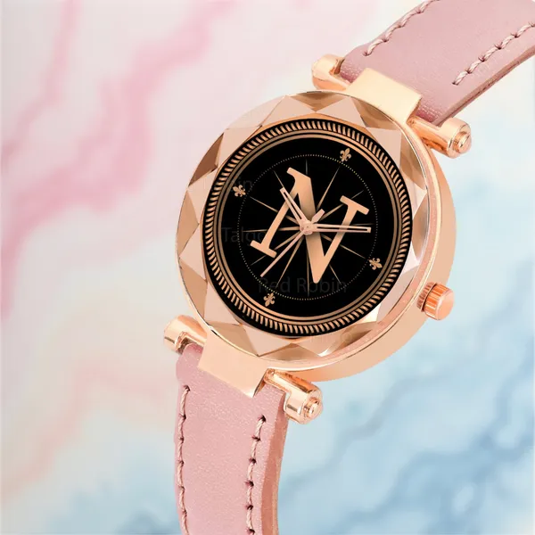Sky_Mart_Alphabet_N_Trendy_Analog_Wrist_Watch_For_Women_And_Girls_New_Arrival_With_Classic_Black_Dial_And_Peach_Leather_Strap