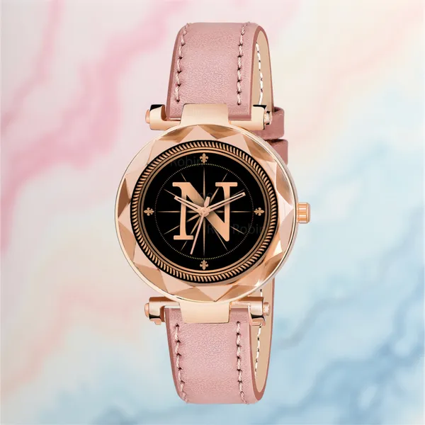 Sky_Mart_Alphabet_N_Trendy_Analog_Wrist_Watch_For_Women_And_Girls_New_Arrival_With_Classic_Black_Dial_And_Peach_Leather_Strap