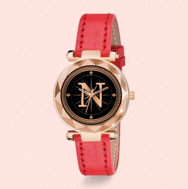Sky_Mart_Alphabet_N_Trendy_Analog_Wrist_Watch_For_Women_And_Girls_New_Arrival_With_Classic_Black_Dial_And_Red_Leather_Strap