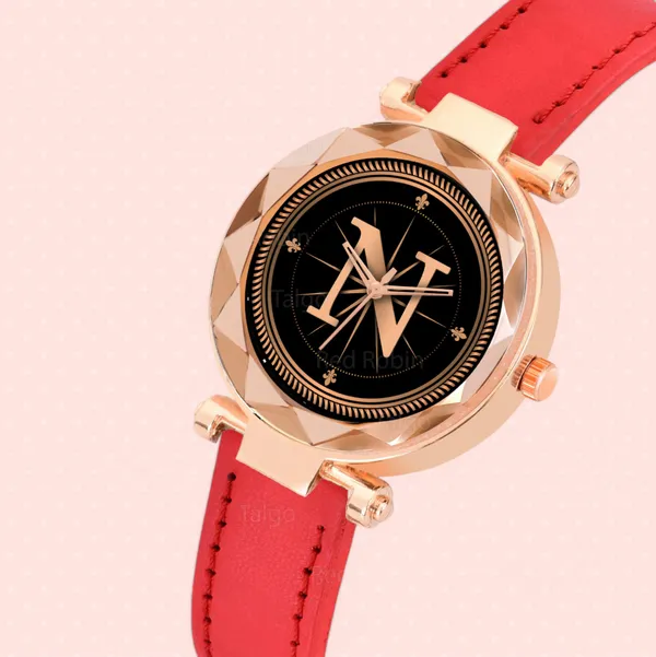 Sky_Mart_Alphabet_N_Trendy_Analog_Wrist_Watch_For_Women_And_Girls_New_Arrival_With_Classic_Black_Dial_And_Red_Leather_Strap