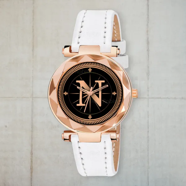 Sky_Mart_Alphabet_N_Trendy_Analog_Wrist_Watch_For_Women_And_Girls_New_Arrival_With_Classic_Black_Dial_And_White_Leather_Strap
