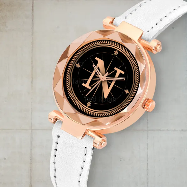 Sky_Mart_Alphabet_N_Trendy_Analog_Wrist_Watch_For_Women_And_Girls_New_Arrival_With_Classic_Black_Dial_And_White_Leather_Strap