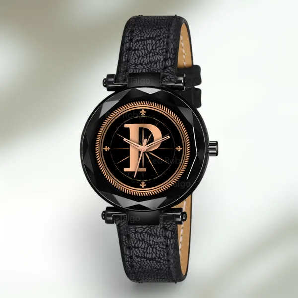 Sky_Mart_Alphabet_P_Stylish_Analog_Wrist_Watch_New_Arrival_Featuring_Classic_Round_Black_Dial_And_Black_Leather_Strap_For_Women_And_Girls