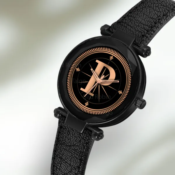 Sky_Mart_Alphabet_P_Stylish_Analog_Wrist_Watch_New_Arrival_Featuring_Classic_Round_Black_Dial_And_Black_Leather_Strap_For_Women_And_Girls