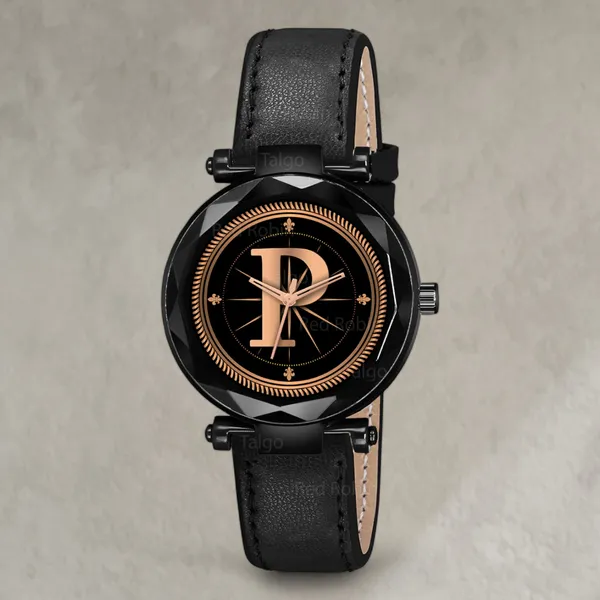 Sky_Mart_Alphabet_P_Stylish_Analog_Wrist_Watch_New_Arrival_Featuring_Classic_Round_Black_Dial_And_Black_Leather_Strap_For_Women_And_Girls