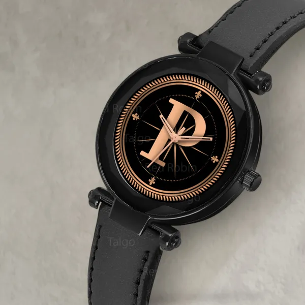 Sky_Mart_Alphabet_P_Stylish_Analog_Wrist_Watch_New_Arrival_Featuring_Classic_Round_Black_Dial_And_Black_Leather_Strap_For_Women_And_Girls