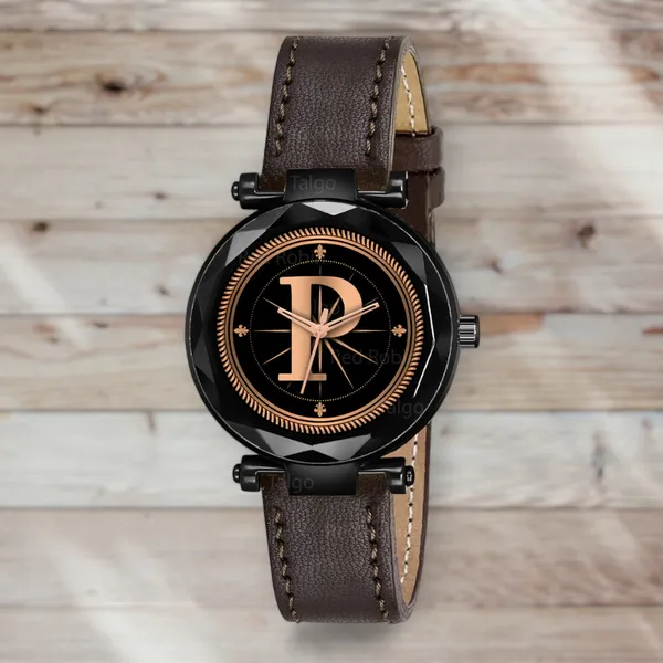 Sky_Mart_Alphabet_P_Stylish_Analog_Wrist_Watch_New_Arrival_Featuring_Classic_Round_Black_Dial_And_Brown_Leather_Strap_For_Women_And_Girls