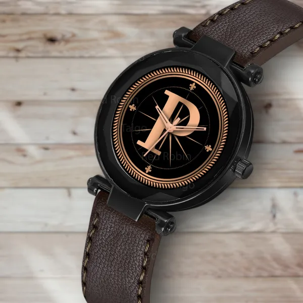 Sky_Mart_Alphabet_P_Stylish_Analog_Wrist_Watch_New_Arrival_Featuring_Classic_Round_Black_Dial_And_Brown_Leather_Strap_For_Women_And_Girls