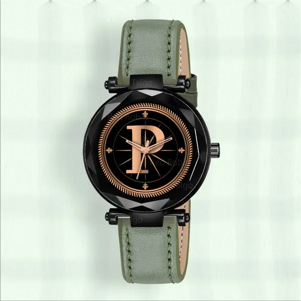 Sky_Mart_Alphabet_P_Stylish_Analog_Wrist_Watch_New_Arrival_Featuring_Classic_Round_Black_Dial_And_Green_Leather_Strap_For_Women_And_Girls