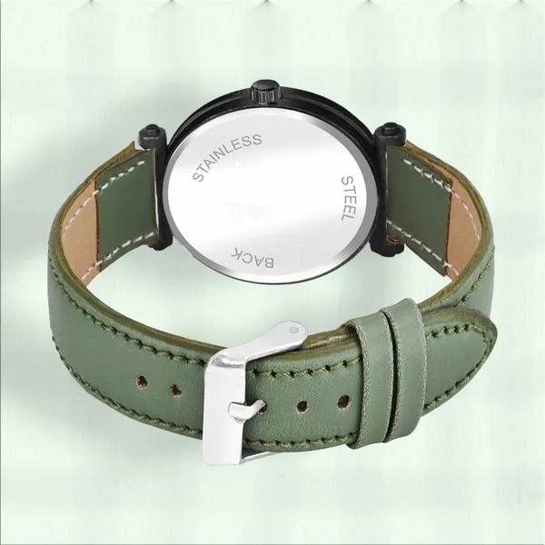Sky_Mart_Alphabet_P_Stylish_Analog_Wrist_Watch_New_Arrival_Featuring_Classic_Round_Black_Dial_And_Green_Leather_Strap_For_Women_And_Girls