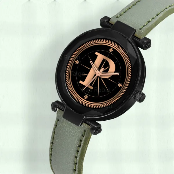 Sky_Mart_Alphabet_P_Stylish_Analog_Wrist_Watch_New_Arrival_Featuring_Classic_Round_Black_Dial_And_Green_Leather_Strap_For_Women_And_Girls