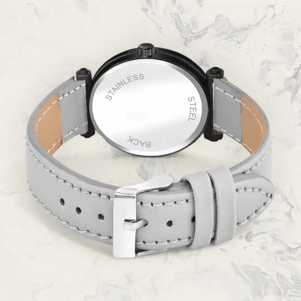 Sky_Mart_Alphabet_P_Stylish_Analog_Wrist_Watch_New_Arrival_Featuring_Classic_Round_Black_Dial_And_Grey_Leather_Strap_For_Women_And_Girls