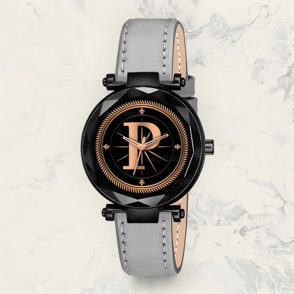 Sky_Mart_Alphabet_P_Stylish_Analog_Wrist_Watch_New_Arrival_Featuring_Classic_Round_Black_Dial_And_Grey_Leather_Strap_For_Women_And_Girls