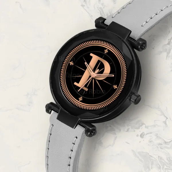 Sky_Mart_Alphabet_P_Stylish_Analog_Wrist_Watch_New_Arrival_Featuring_Classic_Round_Black_Dial_And_Grey_Leather_Strap_For_Women_And_Girls