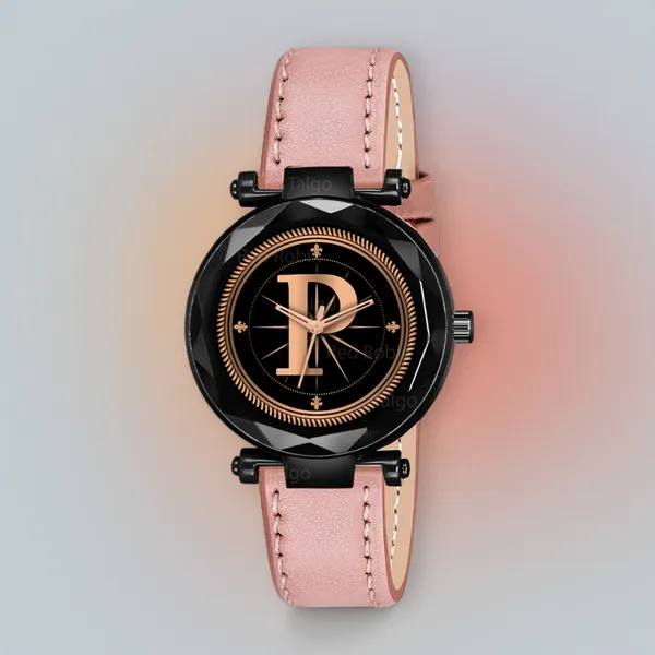 Sky_Mart_Alphabet_P_Stylish_Analog_Wrist_Watch_New_Arrival_Featuring_Classic_Round_Black_Dial_And_Peach_Leather_Strap_For_Women_And_Girls