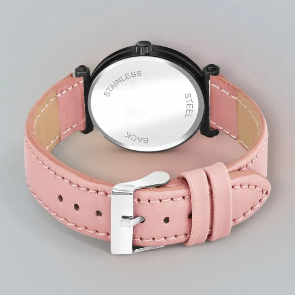 Sky_Mart_Alphabet_P_Stylish_Analog_Wrist_Watch_New_Arrival_Featuring_Classic_Round_Black_Dial_And_Peach_Leather_Strap_For_Women_And_Girls