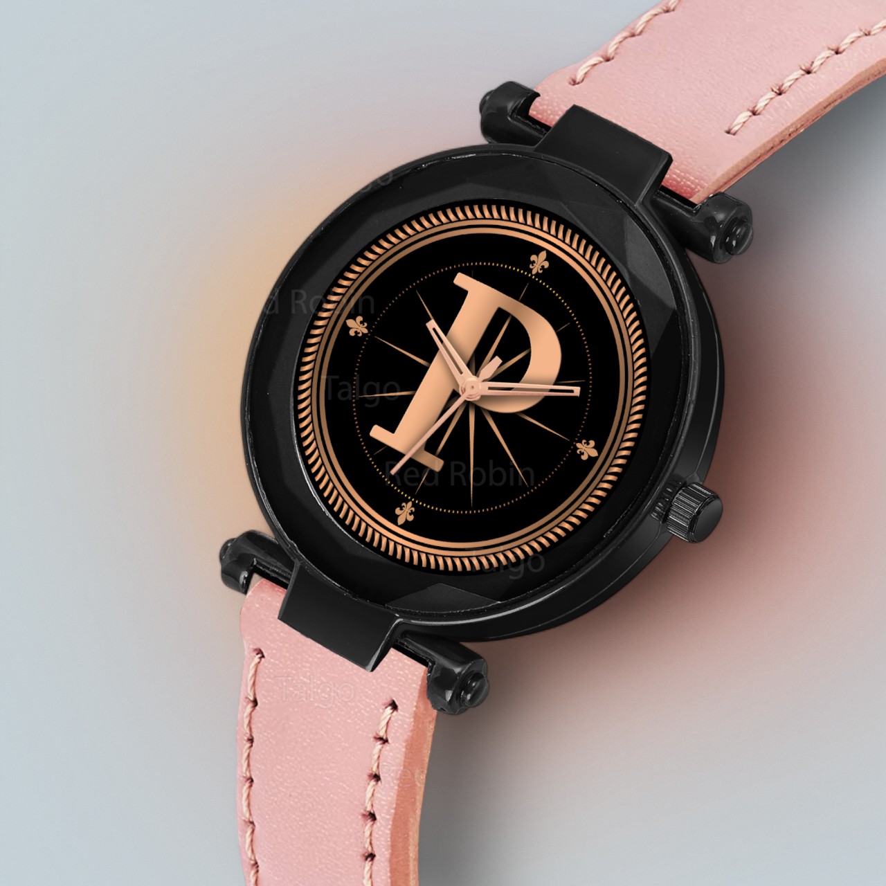 Sky_Mart_Alphabet_P_Stylish_Analog_Wrist_Watch_New_Arrival_Featuring_Classic_Round_Black_Dial_And_Peach_Leather_Strap_For_Women_And_Girls