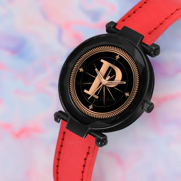 Sky_Mart_Alphabet_P_Stylish_Analog_Wrist_Watch_New_Arrival_Featuring_Classic_Round_Black_Dial_And_Red_Leather_Strap_For_Women_And_Girls