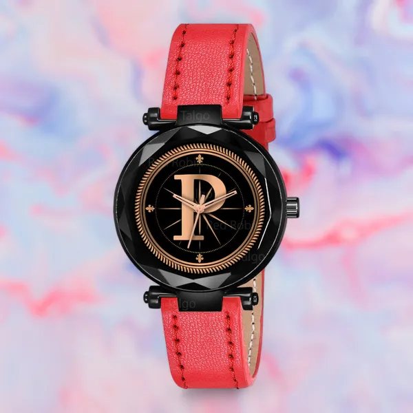 Sky_Mart_Alphabet_P_Stylish_Analog_Wrist_Watch_New_Arrival_Featuring_Classic_Round_Black_Dial_And_Red_Leather_Strap_For_Women_And_Girls
