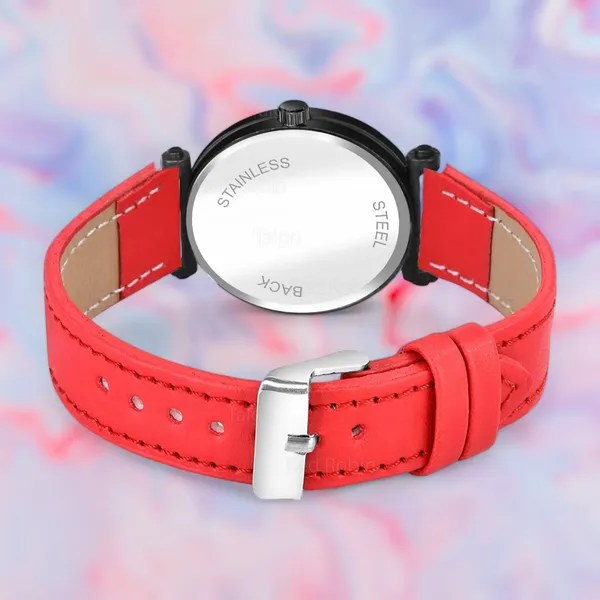Sky_Mart_Alphabet_P_Stylish_Analog_Wrist_Watch_New_Arrival_Featuring_Classic_Round_Black_Dial_And_Red_Leather_Strap_For_Women_And_Girls