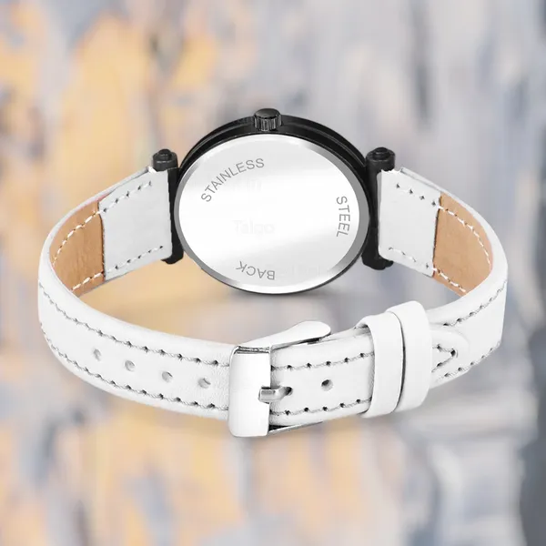 Sky_Mart_Alphabet_P_Stylish_Analog_Wrist_Watch_New_Arrival_Featuring_Classic_Round_Black_Dial_And_White_Leather_Strap_For_Women_And_Girls