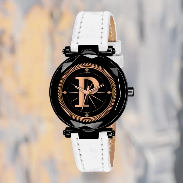 Sky_Mart_Alphabet_P_Stylish_Analog_Wrist_Watch_New_Arrival_Featuring_Classic_Round_Black_Dial_And_White_Leather_Strap_For_Women_And_Girls