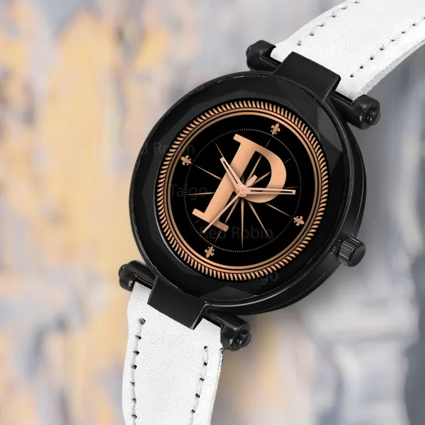 Sky_Mart_Alphabet_P_Stylish_Analog_Wrist_Watch_New_Arrival_Featuring_Classic_Round_Black_Dial_And_White_Leather_Strap_For_Women_And_Girls