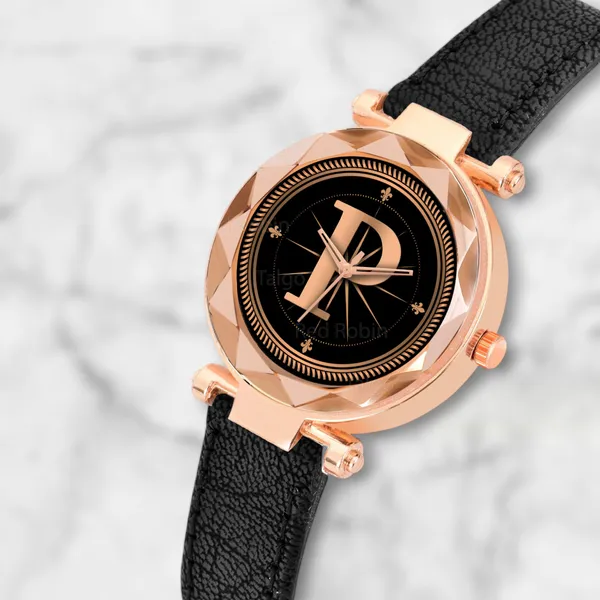 Sky_Mart_Alphabet_P_Stylish_Analog_Wrist_Watch_New_Arrival_Featuring_Classic_Round_Black_Dial_And_Black_Leather_Strap_For_Women_And_Girls