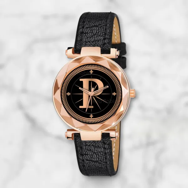 Sky_Mart_Alphabet_P_Stylish_Analog_Wrist_Watch_New_Arrival_Featuring_Classic_Round_Black_Dial_And_Black_Leather_Strap_For_Women_And_Girls