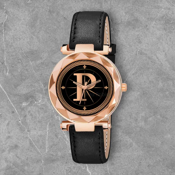 Sky_Mart_Alphabet_P_Stylish_Analog_Wrist_Watch_New_Arrival_Featuring_Classic_Round_Black_Dial_And_Black_Leather_Strap_For_Women_And_Girls