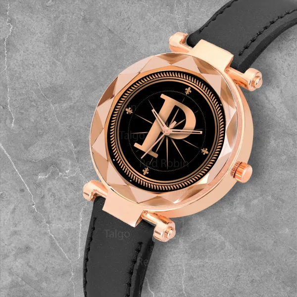Sky_Mart_Alphabet_P_Stylish_Analog_Wrist_Watch_New_Arrival_Featuring_Classic_Round_Black_Dial_And_Black_Leather_Strap_For_Women_And_Girls