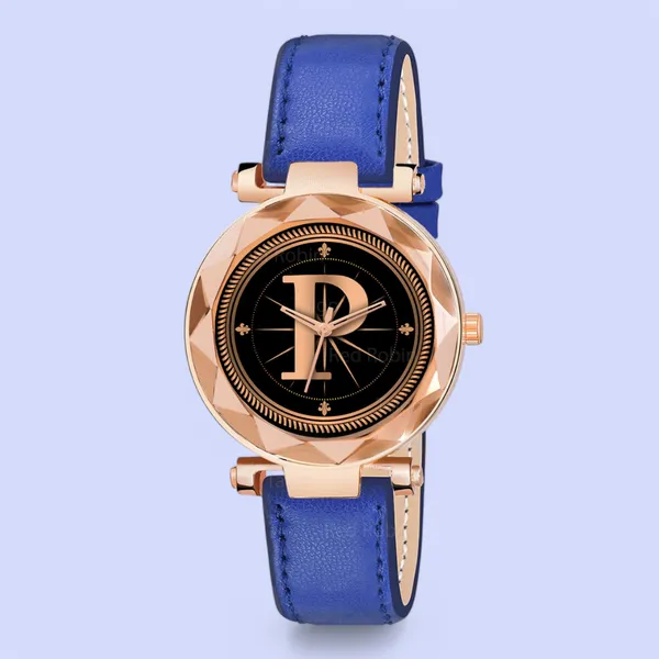 Sky_Mart_Alphabet_P_Stylish_Analog_Wrist_Watch_New_Arrival_Featuring_Classic_Round_Black_Dial_And_Blue_Leather_Strap_For_Women_And_Girls