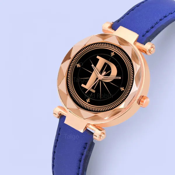 Sky_Mart_Alphabet_P_Stylish_Analog_Wrist_Watch_New_Arrival_Featuring_Classic_Round_Black_Dial_And_Blue_Leather_Strap_For_Women_And_Girls