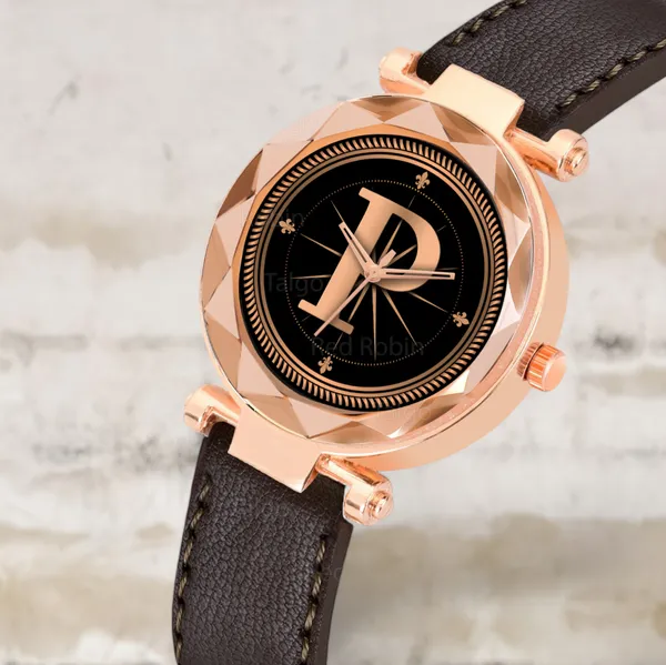 Sky_Mart_Alphabet_P_Stylish_Analog_Wrist_Watch_New_Arrival_Featuring_Classic_Round_Black_Dial_And_Brown_Leather_Strap_For_Women_And_Girls