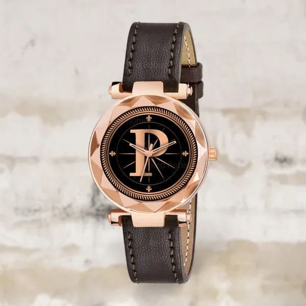Sky_Mart_Alphabet_P_Stylish_Analog_Wrist_Watch_New_Arrival_Featuring_Classic_Round_Black_Dial_And_Brown_Leather_Strap_For_Women_And_Girls