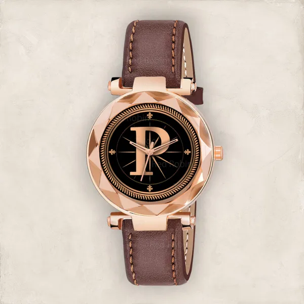 Sky_Mart_Alphabet_P_Stylish_Analog_Wrist_Watch_New_Arrival_Featuring_Classic_Round_Black_Dial_And_Brown_Leather_Strap_For_Women_And_Girls