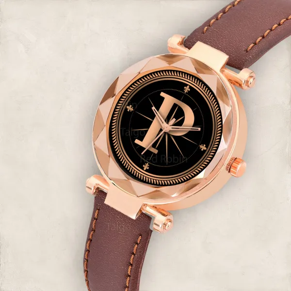 Sky_Mart_Alphabet_P_Stylish_Analog_Wrist_Watch_New_Arrival_Featuring_Classic_Round_Black_Dial_And_Brown_Leather_Strap_For_Women_And_Girls